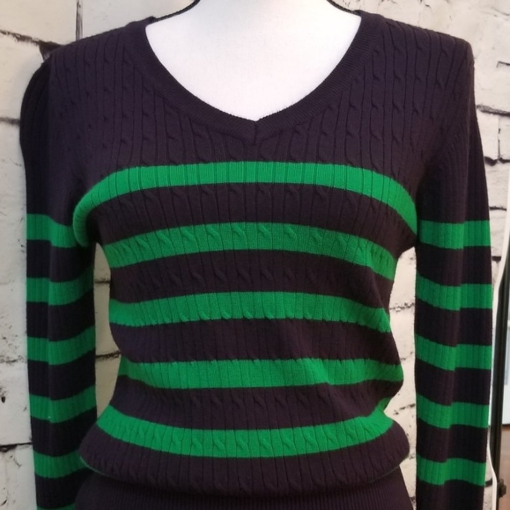 Navy Blue & Kelly Green Striped Sweater - EUC - S
